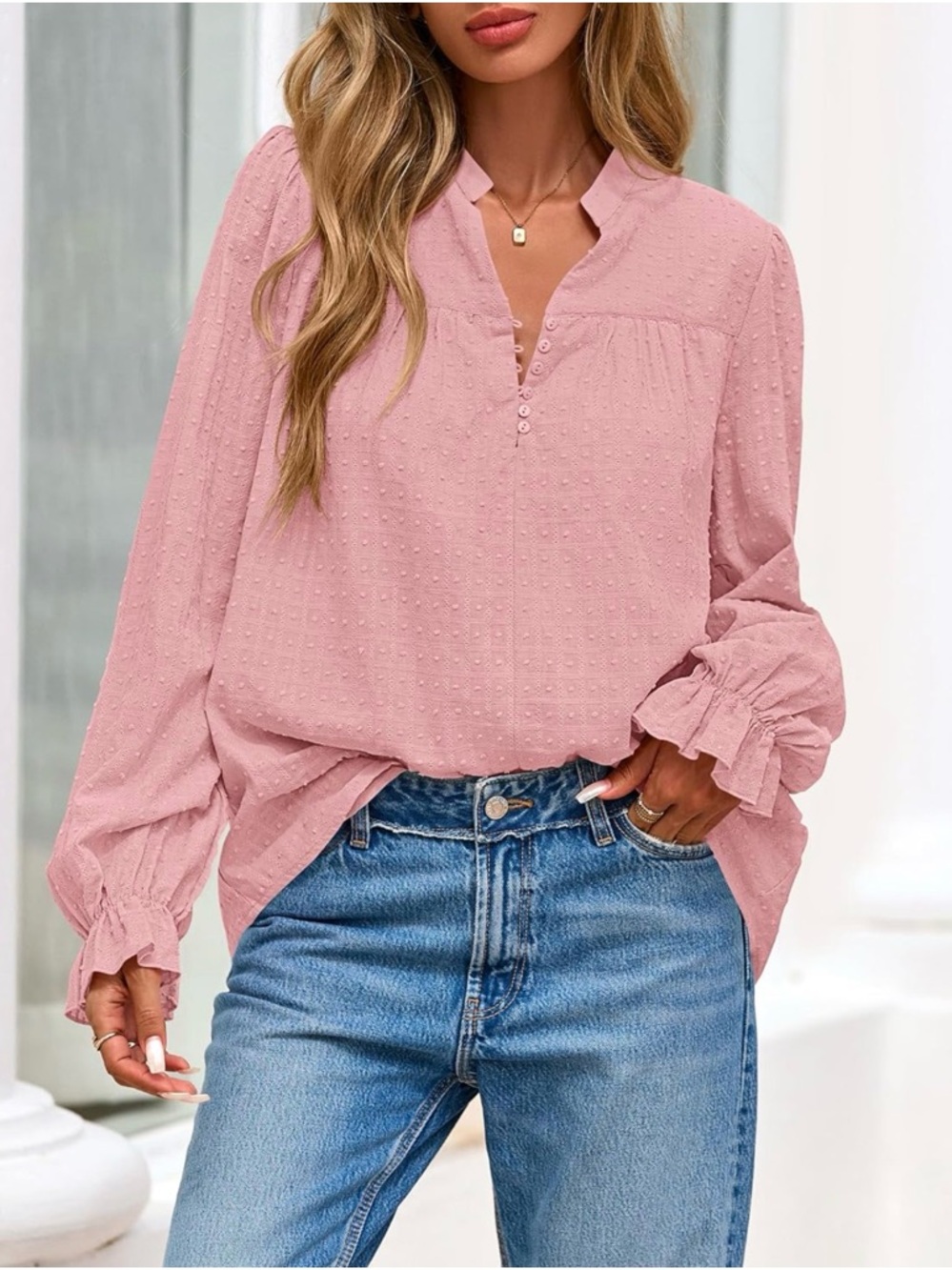Light Pink Swiss Dot Ruffle Cuff Blouse - Casual V-Neck